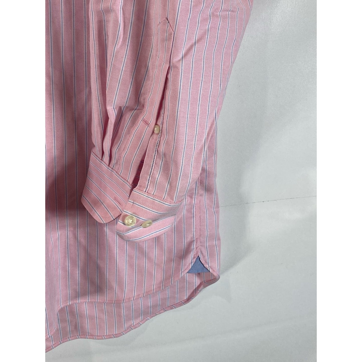 LANDS' END Men's Pink Striped Traditional-Fit No Iron Oxford Shirt SZ 17.5-34
