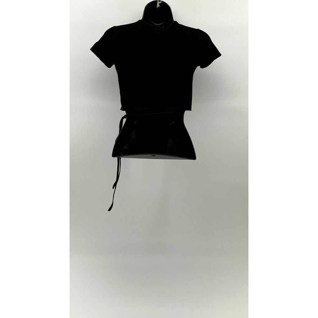 UNBRANDED Women's Black Solid V-Neck Short Sleeve Wrap Around Cropped Top SZ M