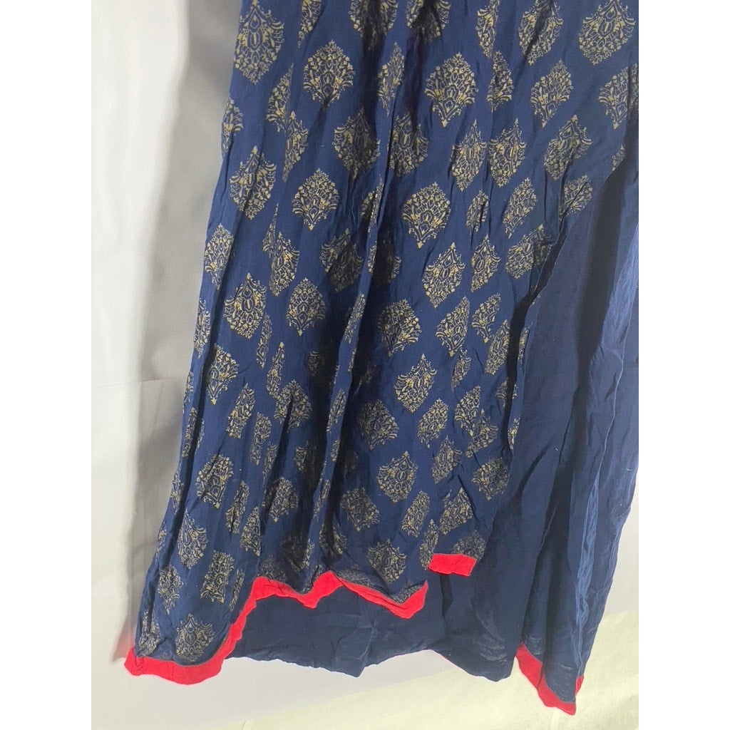 UNBRANDED Women’s Navy/Red Printed Crewneck Long Side-Slit Kurti Dress SZ 46(XL)