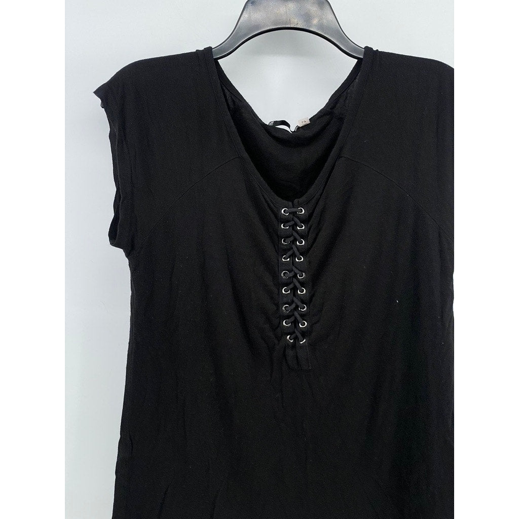 DEX Women’s Black Lace-Up Crewneck Short Sleeve Top SZ S