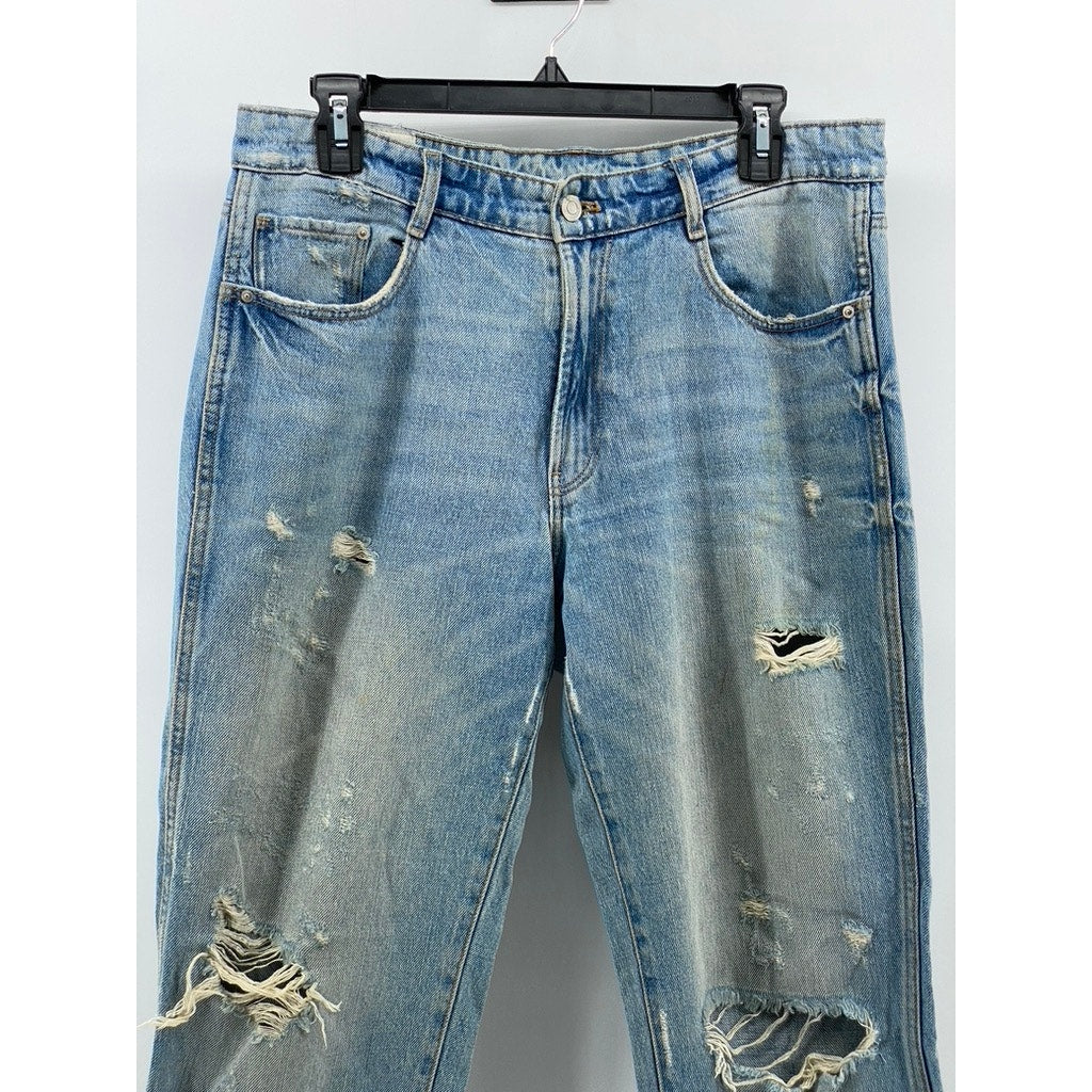 ZARA TRF IX'D Women's Light Blue Denim Distressed Flare Streetwear Y2K Jean SZ 8