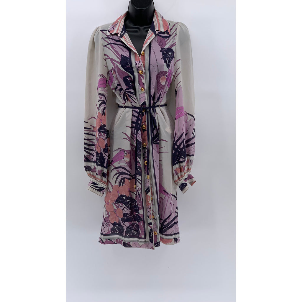 LINGUA FRANCA Women's Purple-White Floral Button-Up Belted Shirt Dress SZ M