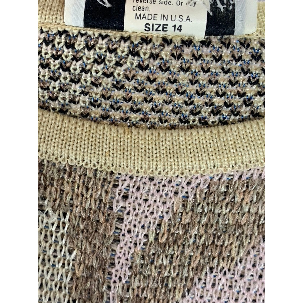 J.T Martin Women's Vintage Tan/Black/Blue Printed Crewneck Knit Sweater SZ 14