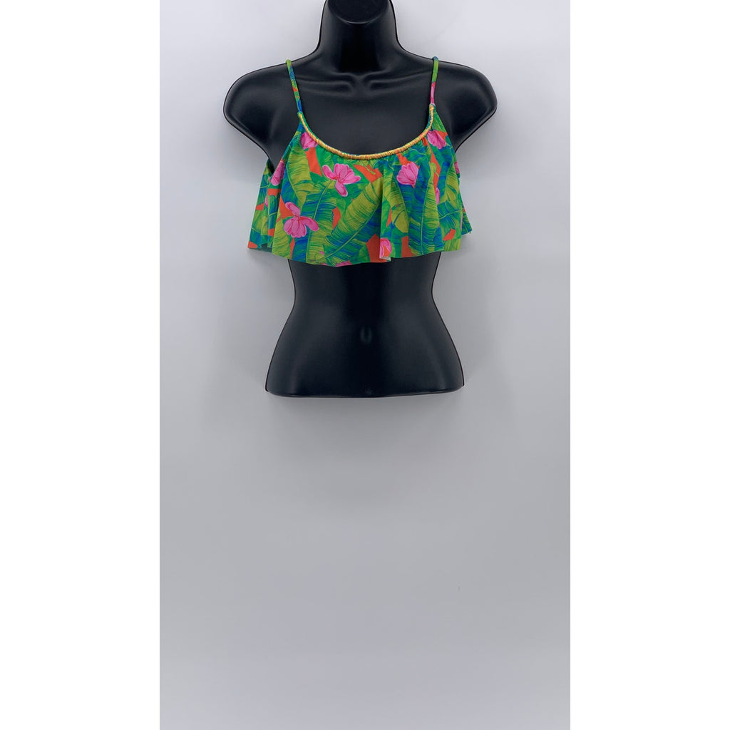 FARM Women's Floral Ruffle Spaghetti Strap Scoop Neck Bikini Top SZ M