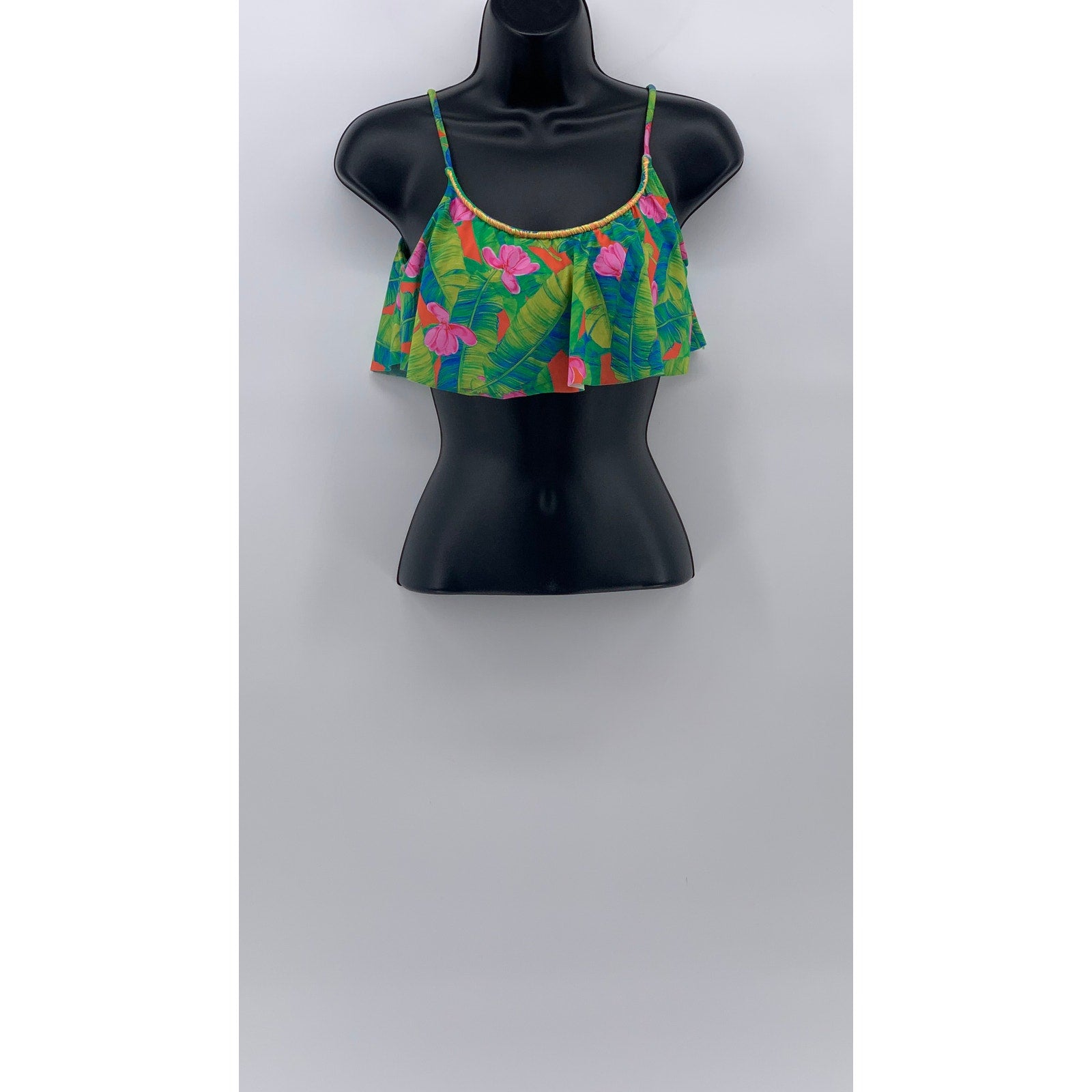 FARM Women's Floral Ruffle Spaghetti Strap Scoop Neck Bikini Top SZ M