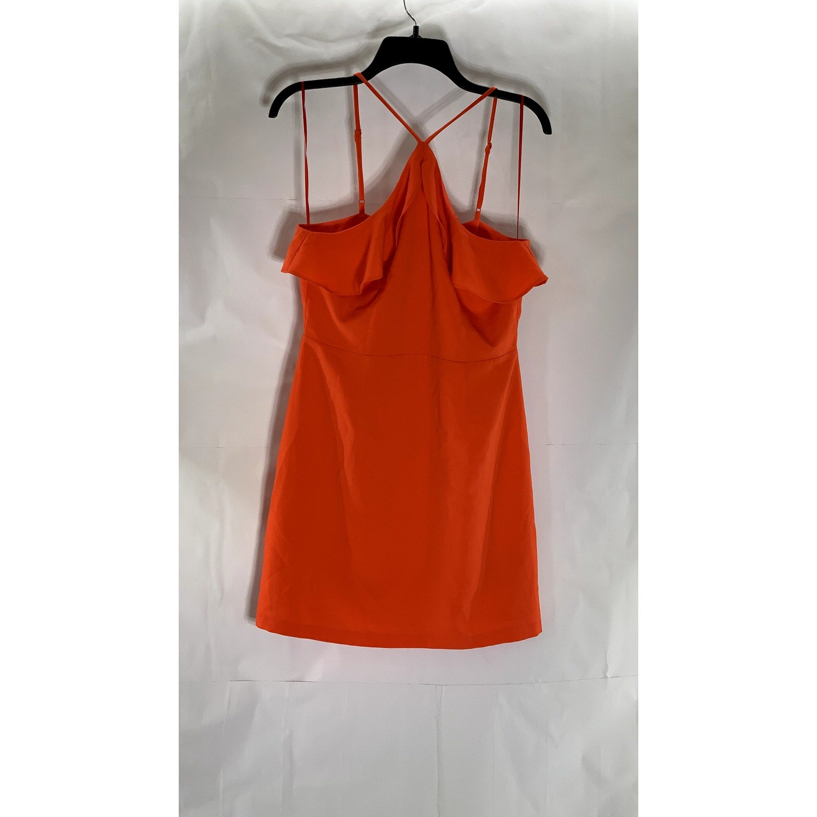 KIMCHI BLUE Women's Red-Orange Solid Ruffle Y-Neck A-Line Mini Dress SZ 8