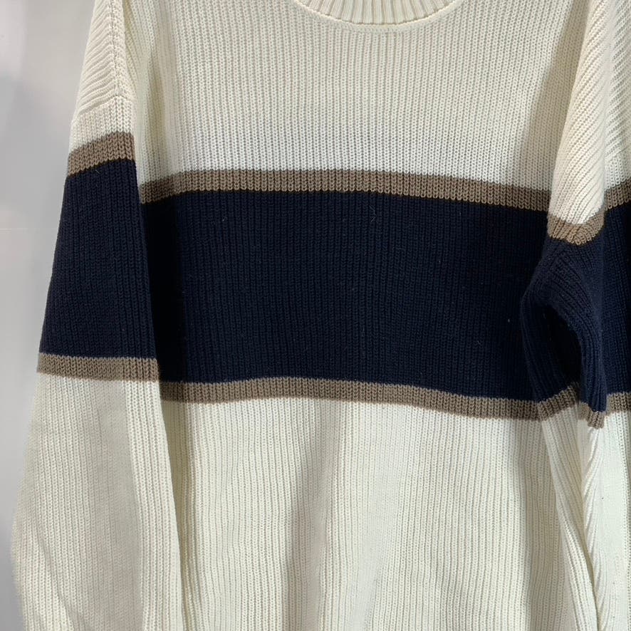 JACK & JONES Men's Cream Navy Colorblock Knit Ribbed Crew Neck Sweater SZ XL