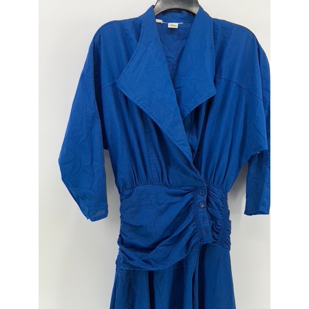 UNBRANDED Women's Vintage 80's Royal Blue Side-Button Long Puff Sleeve Dress SZM