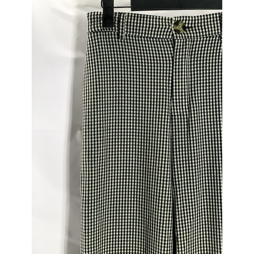ZARA Women's Black/White Shepherd Check Straight Cuffed Wide-Leg Pant SZ S