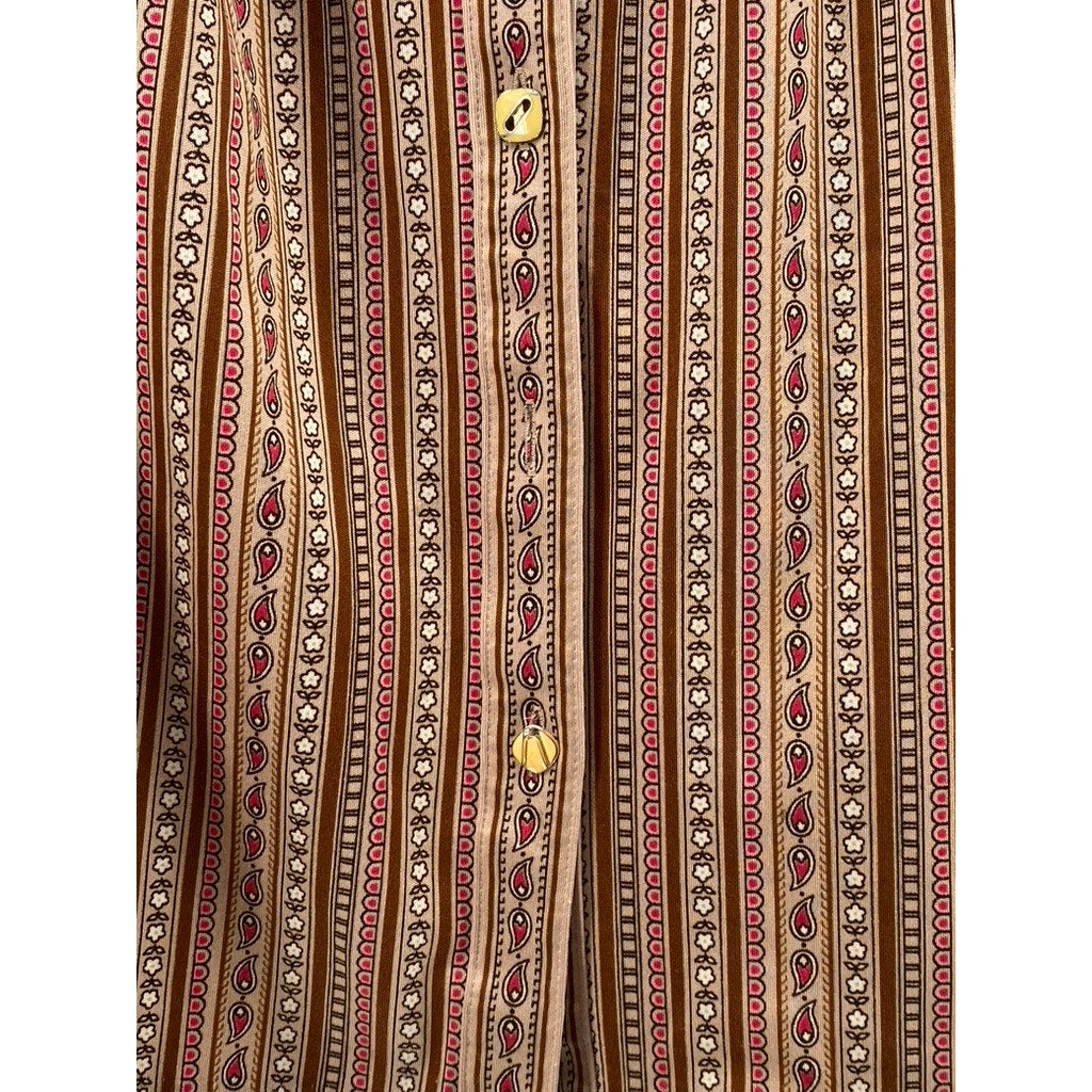 WEIDE Women's Vintage Brown Printed Button-Up Long Sleeve Top SZ S