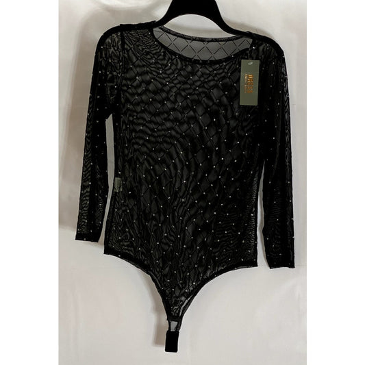 UNBRANDED Women's Black Mesh Glitter Diamond Detail Long Sleeve Bodysuit SZ S
