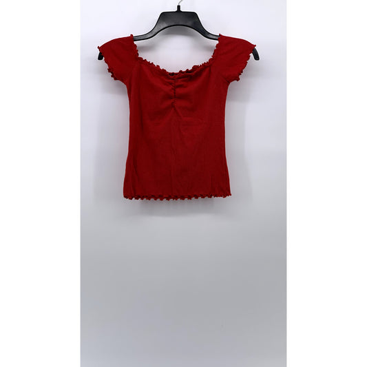 HOLLISTER Women's Red Lettuce-Trim Off-The-Shoulder Casual Short Sleeve Top SZ S