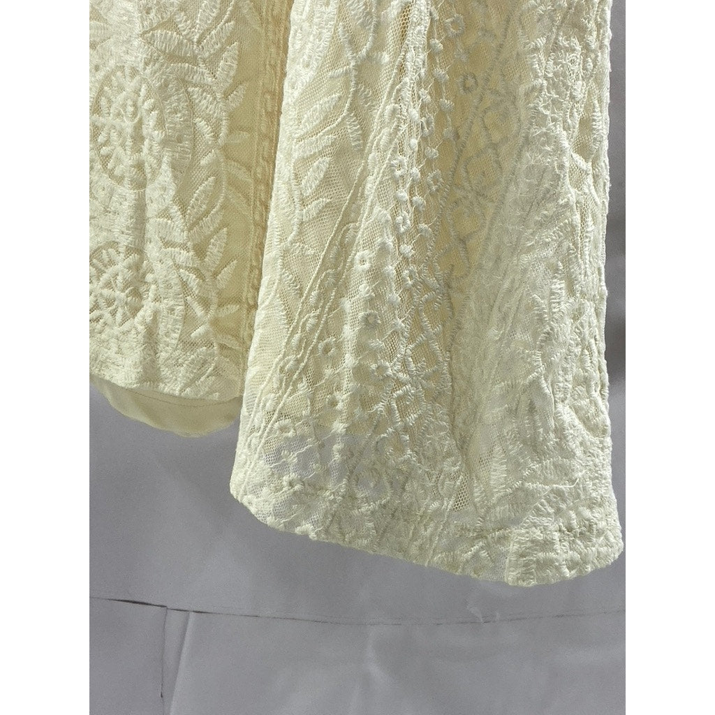 PULL& BEAR Women's Cream Lace Scoop-Neck Spaghetti Strap A-line Mini Dress SZ M