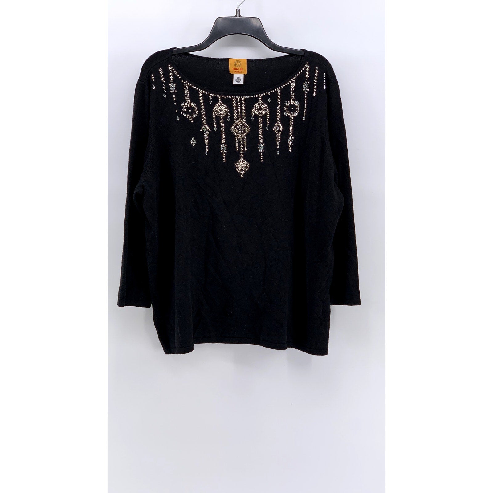 RUBY RD. Women's Plus Black Silver Studded 3/4 Sleeve Top SZ 2X