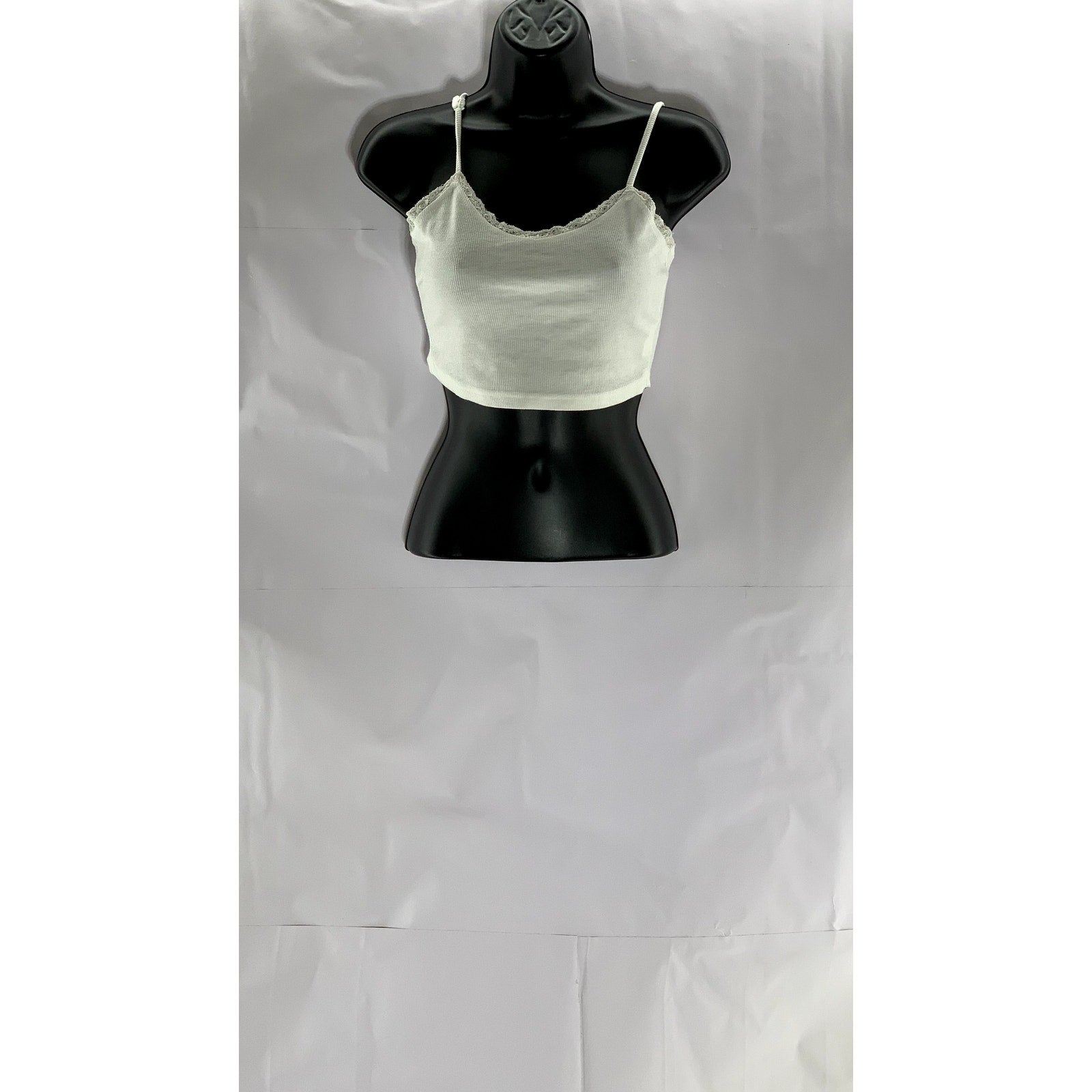 SHEIN Women's White Ribbed Lace-Trim Scoop-Neck Cropped Tank Top SZ XS