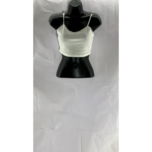 SHEIN Women's White Ribbed Lace-Trim Scoop-Neck Cropped Tank Top SZ XS