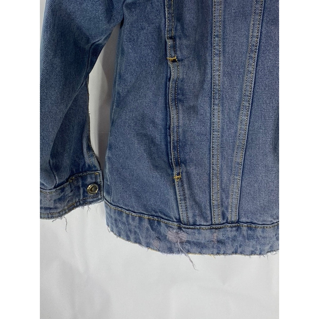 ZARA Women's Dark Navy Blue Denim Distressed Button-Up Oversized Jacket SZ M