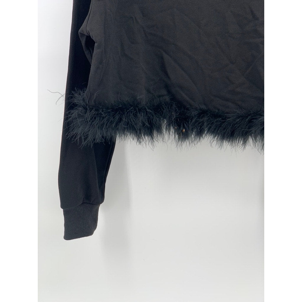 FOREVER 21 Women's Black Fur Hem Long Sleeve Cropped Crewneck Sweater SZ M