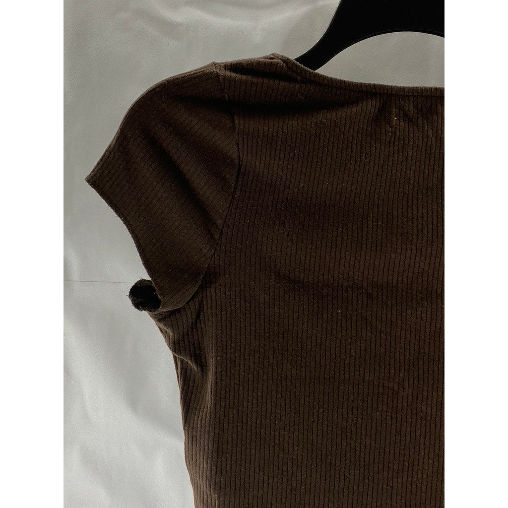 URBAN OUTFITTERS Women’s Brown Ribbed Straight-Neck Short Sleeve Cropped Top SZM
