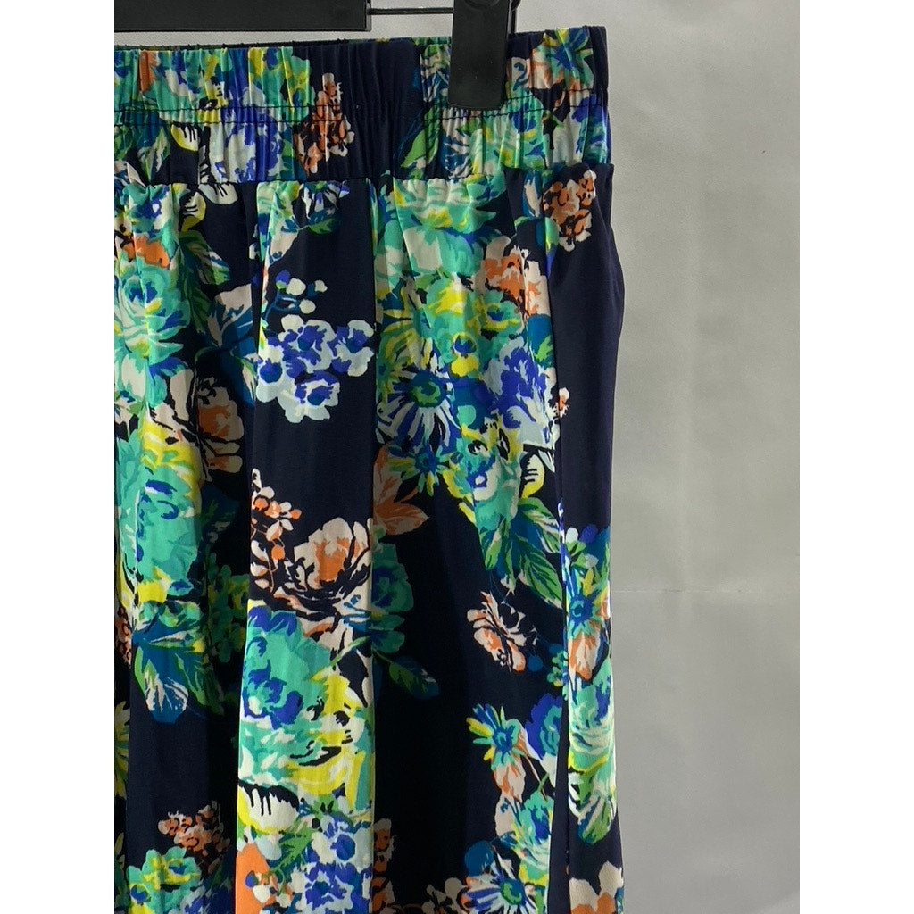 AMBIANCE APPAREL Women’s Navy Blue-Green Floral Print Elastic Waist Mini Skirt L