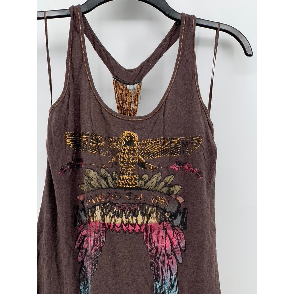 GUESS Women's Brown Owbex Graphic Y2k Grunge Beaded Tank SZ L
