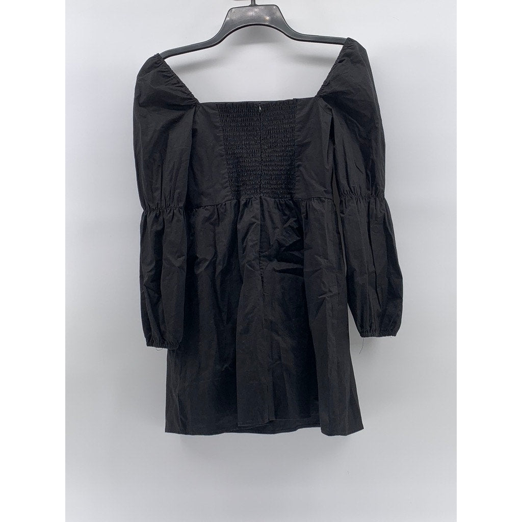 LINYI STUDIO Women's Black Solid Straight-Neck Puff-Sleeve A-Line Mini Dress SZL