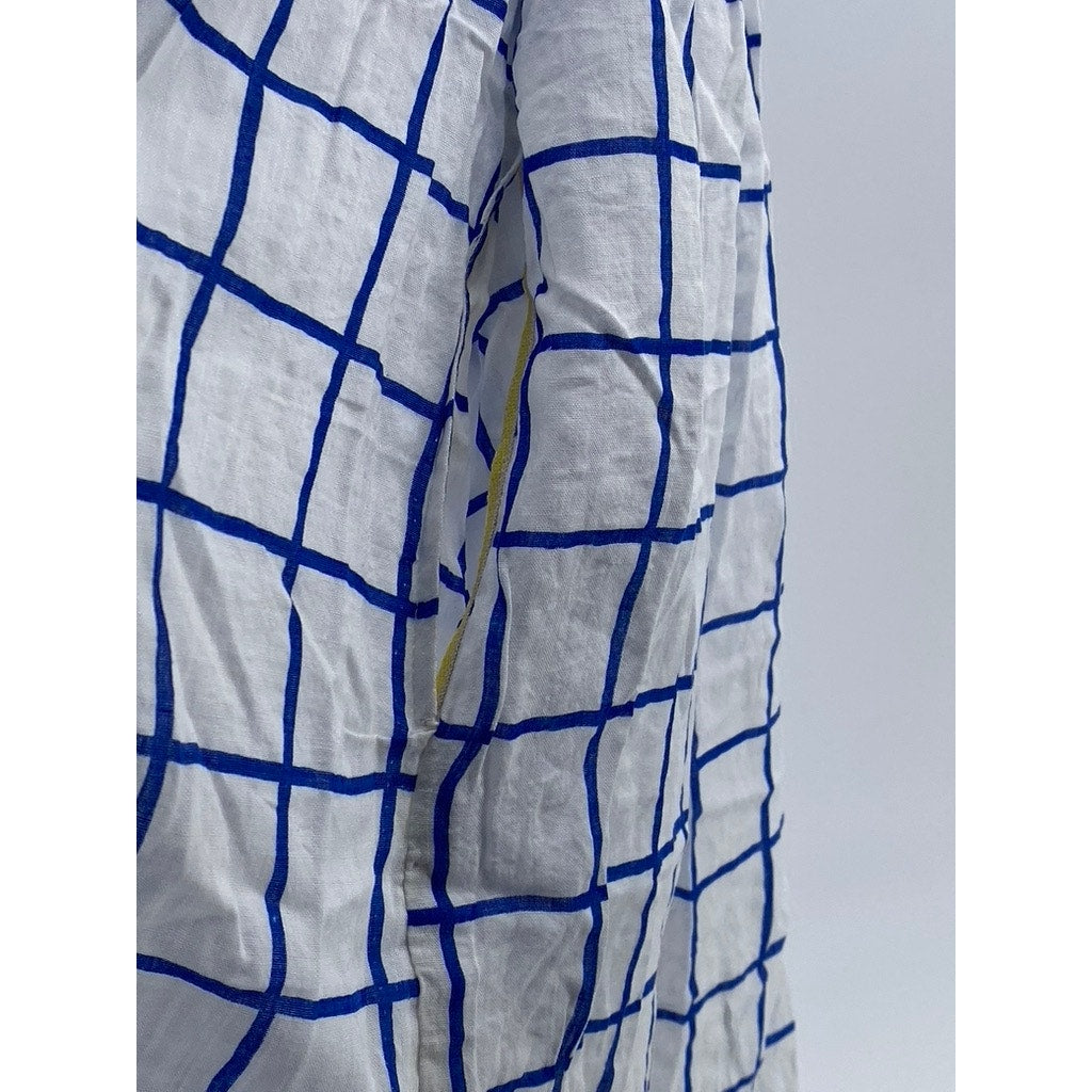 UNBRANDED Women's Blue-White Windowpane Half-Button Sleeveless Mini Dress SZ S