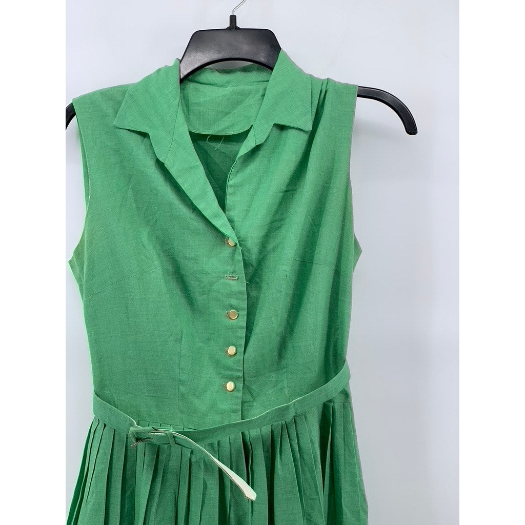 UNBRANDED Women's Green Knit Trim Sleeveless Belted Fit & Flare Midi Dress SZ 2