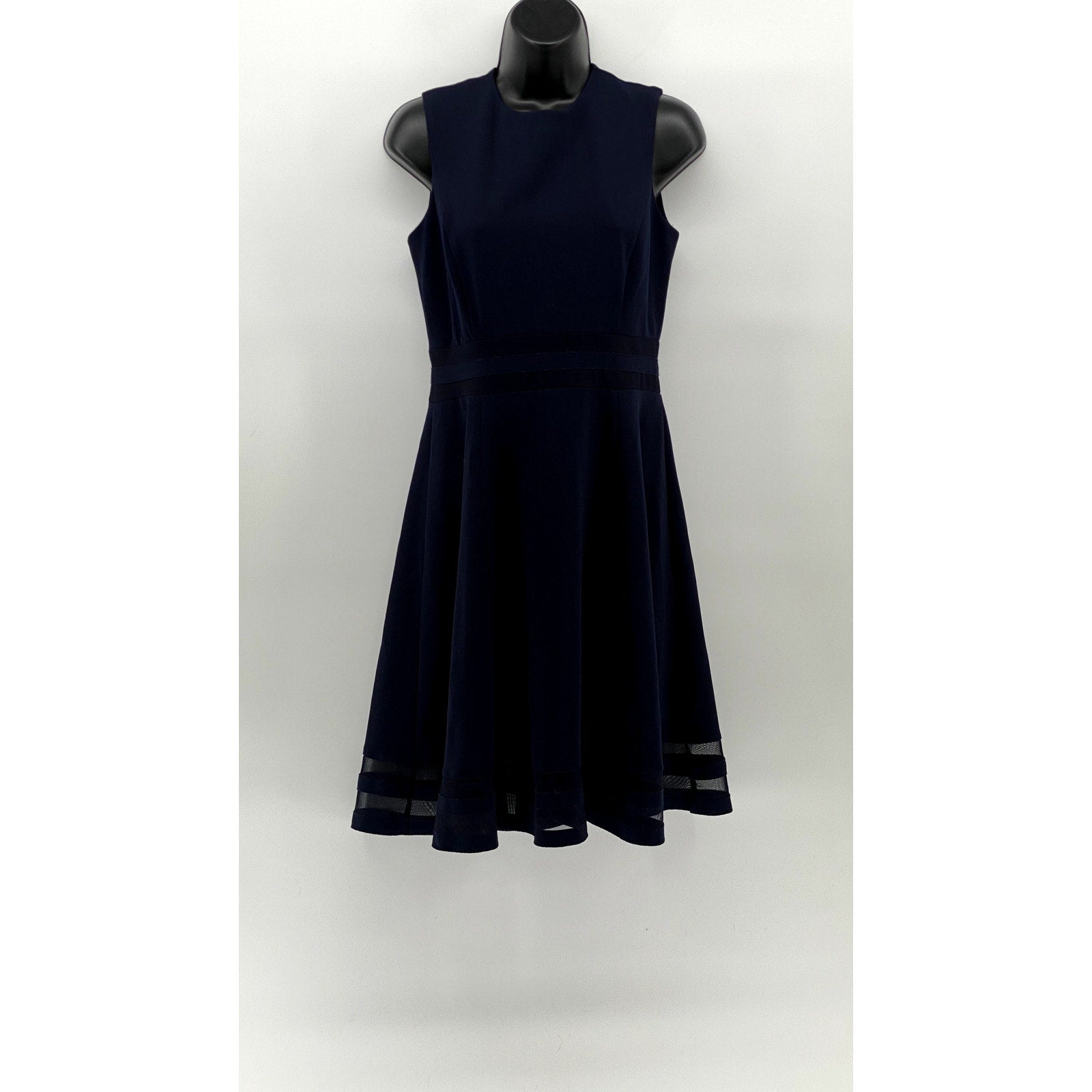 CALVIN KLEIN Women's Navy Blue Crewneck Sleeveless Mesh Hem Mini Dress SZ 4