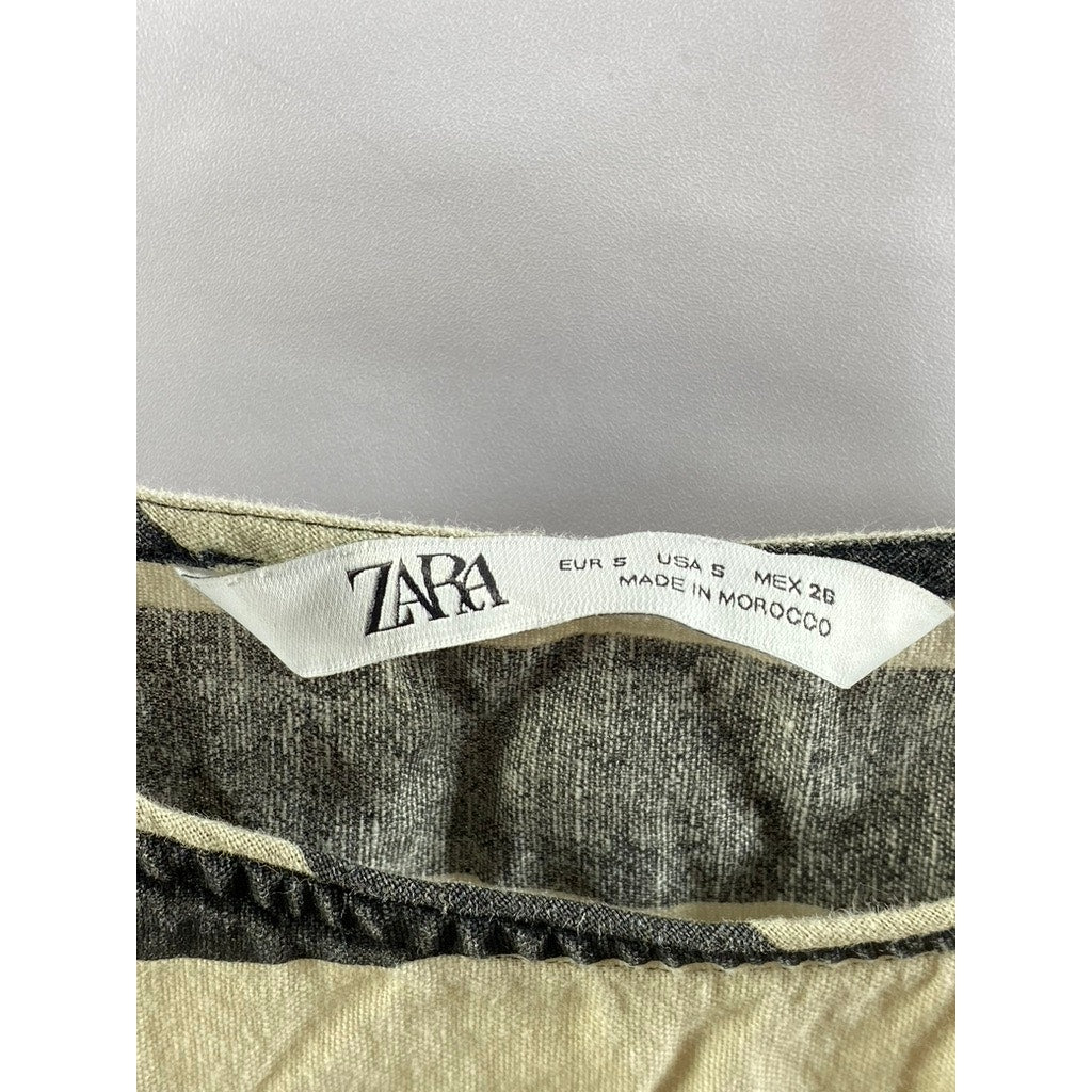 ZARA Women's Beige-Black Striped Boatneck Short Sleeve Top SZ S