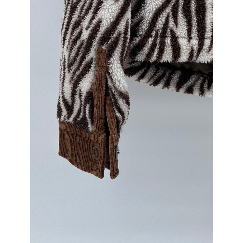 HOUSE OF SUNNY Women’s Brown-Cream Zebra Print Half-Button Teddy Sweater SZ 4