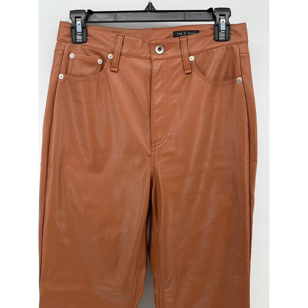 RAG & BONE Women's Cognac Faux-Leather Flare High-Rise Five Pocket Pant SZ 26