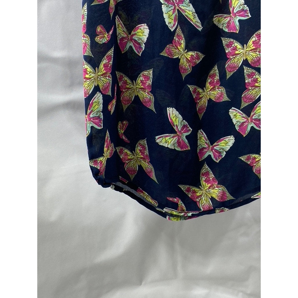 UNBRANDED Women’s Navy Sheer Scoop-Neck Butterfly Print Sleeveless Tank Top SZ S