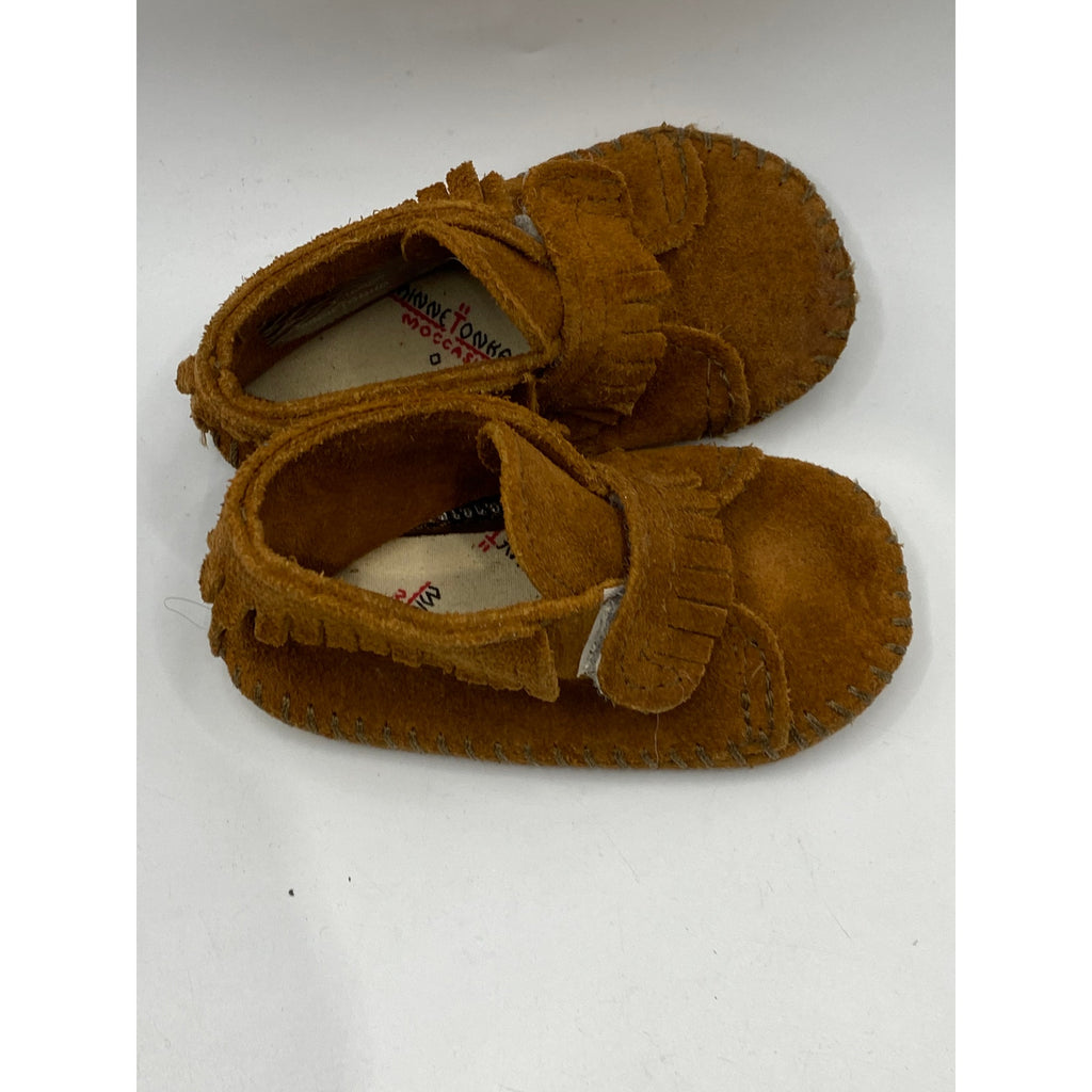 MINNETONKA Infant Girls' Brown Leather Pull-On Moccasin Shoes SZ 3