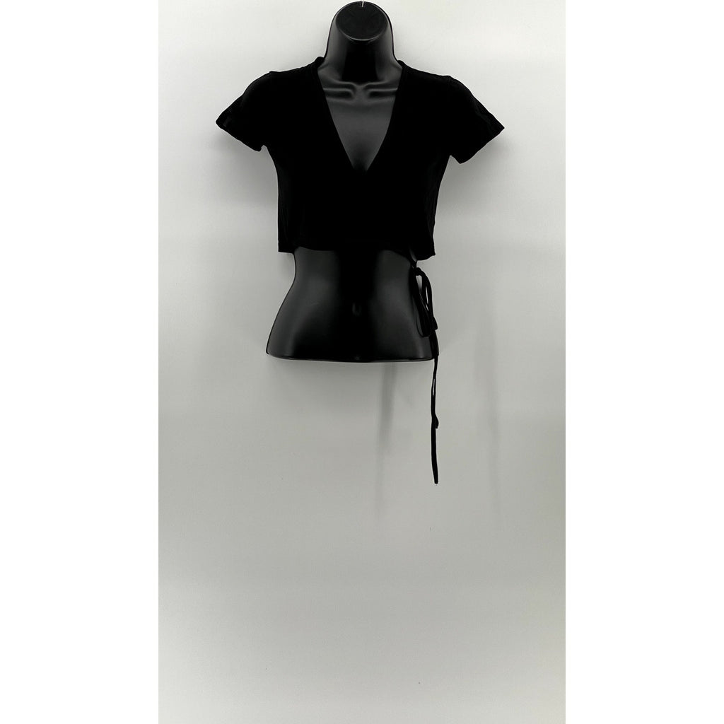 UNBRANDED Women's Black Solid V-Neck Short Sleeve Wrap Around Cropped Top SZ M
