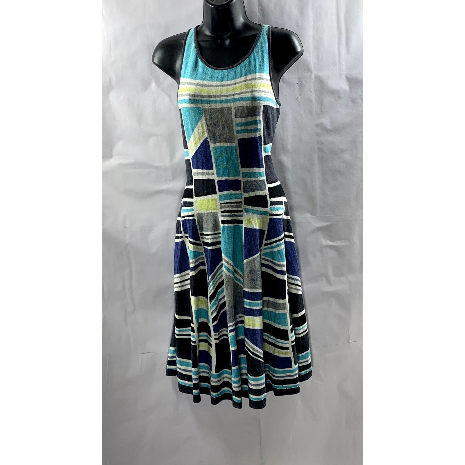 NIC+ZOE Women's Blue Printed Crewneck Fit&Flare Sleeveless Mini Dress SZ M