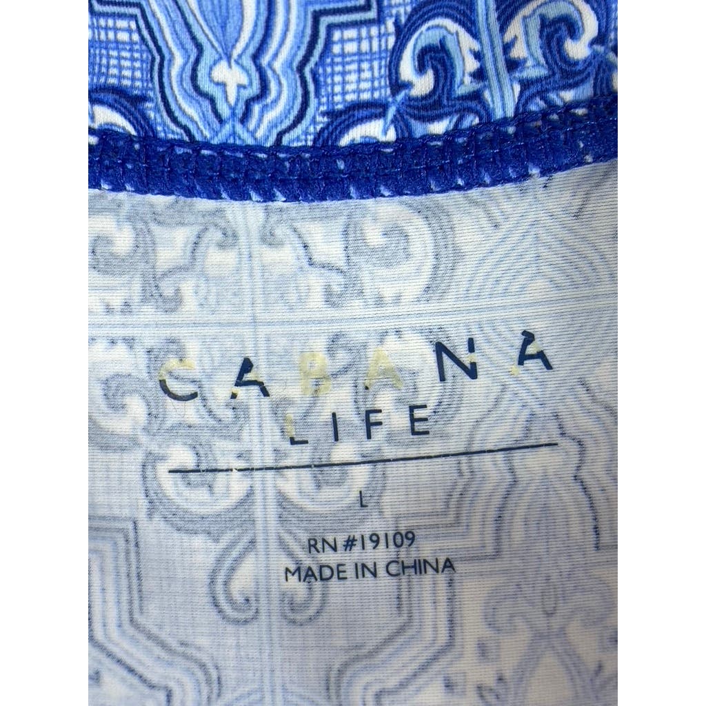 CABANA LIFE Women's Blue Printed Split-Neck Long Sleeve Top SZ L