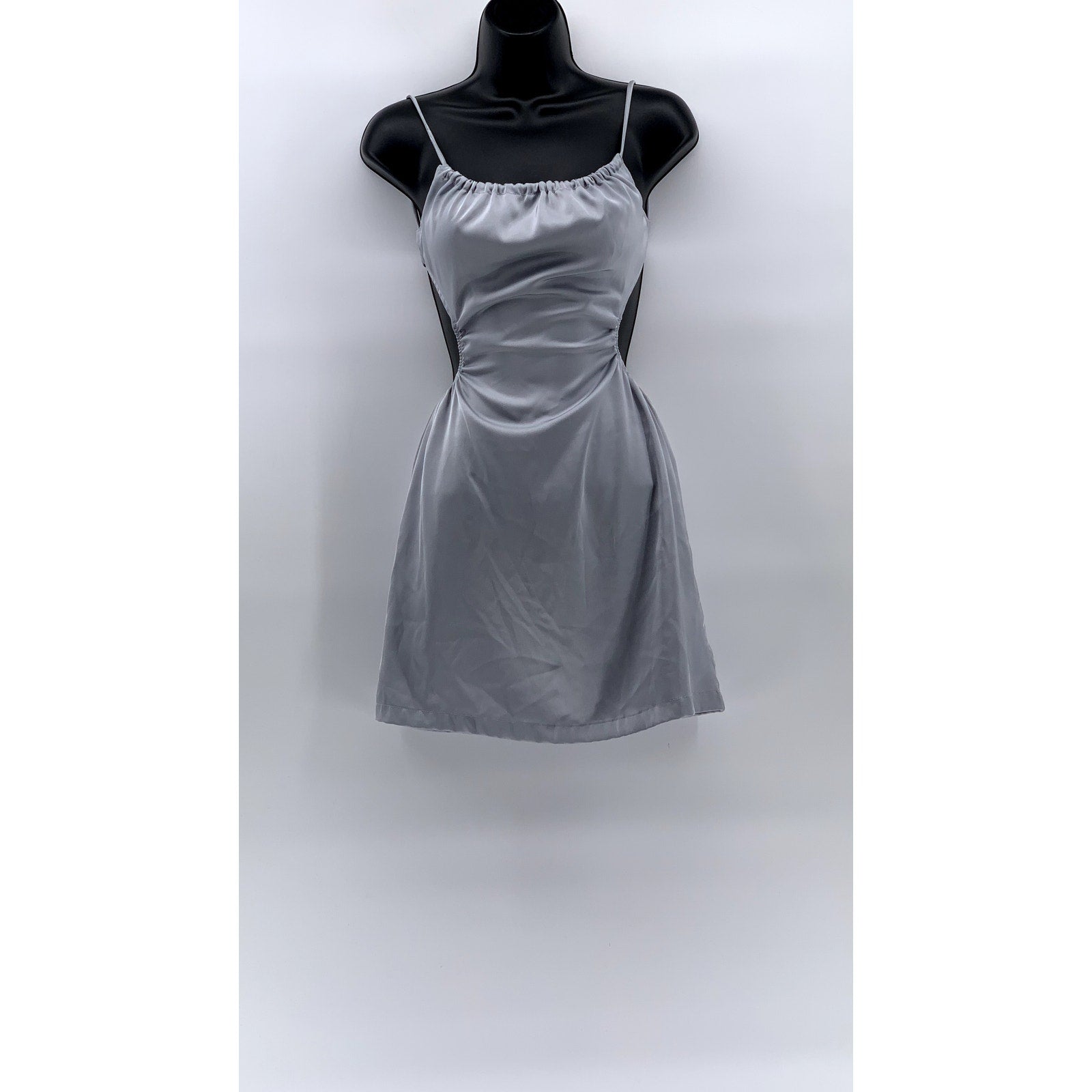 SUNDAYS Women's Blue Satin Backless Straight-Neck Fit & Flare Mini Dress SZ M
