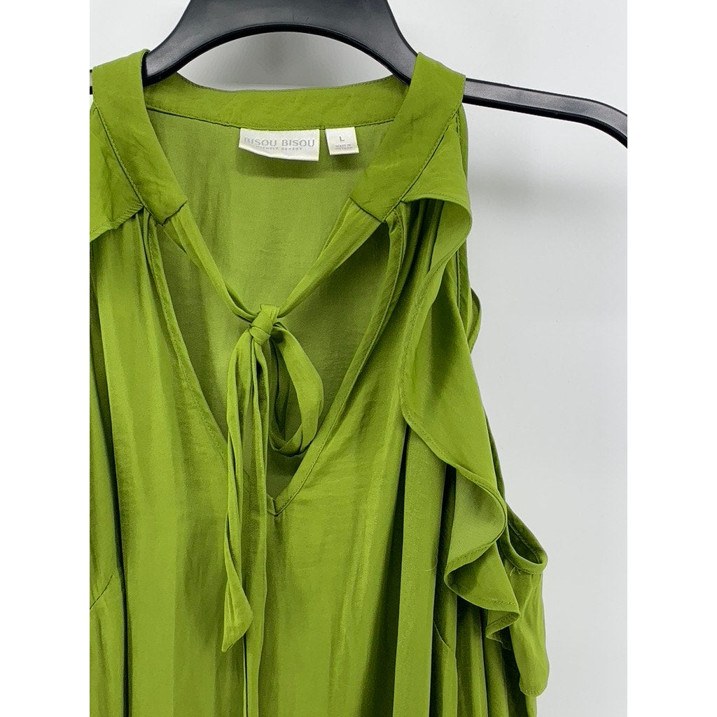 BISOU BISOU Women's Green Ruffle Tie-Neck Sleeveless Top SZ L