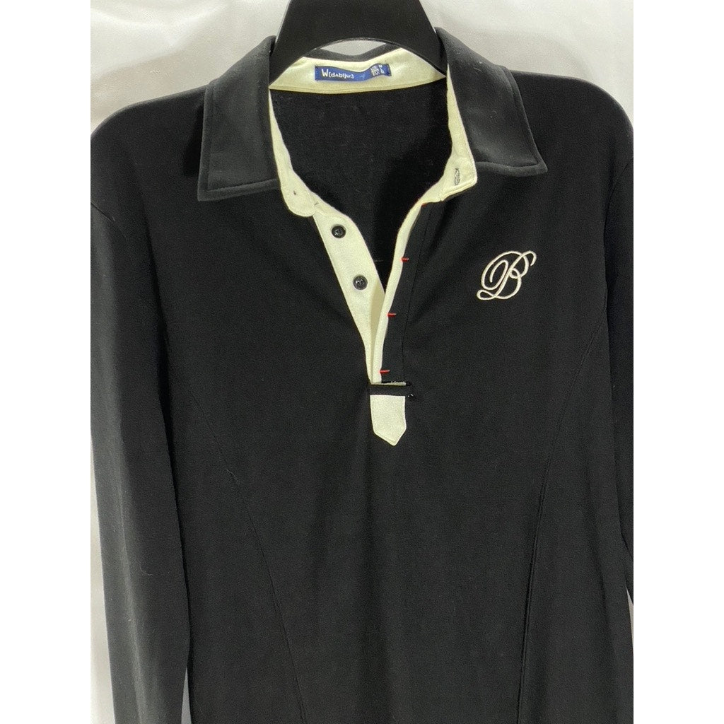 W[DABLJU:] Men's Black-Beige Embroidered 'B' Long Sleeve Polo Shirt SZ M