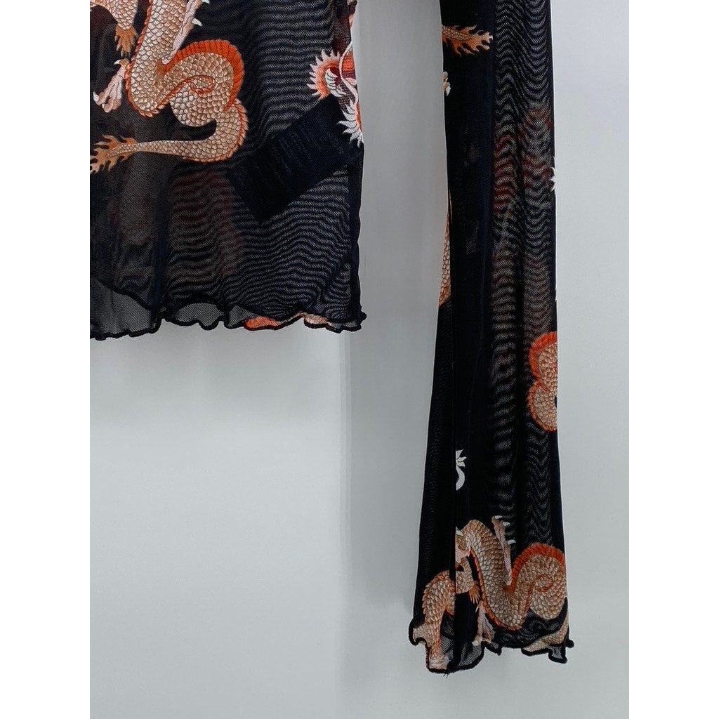URBAN RENEWAL Women's Black-Orange Crewneck Sheer Remnants Dragon Top SZ XS