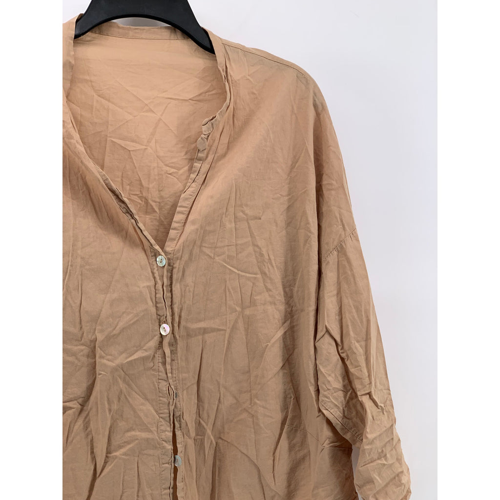 UNBRANDED Women's Tan Button-Up Long Sleeve Collarless Top SZ L