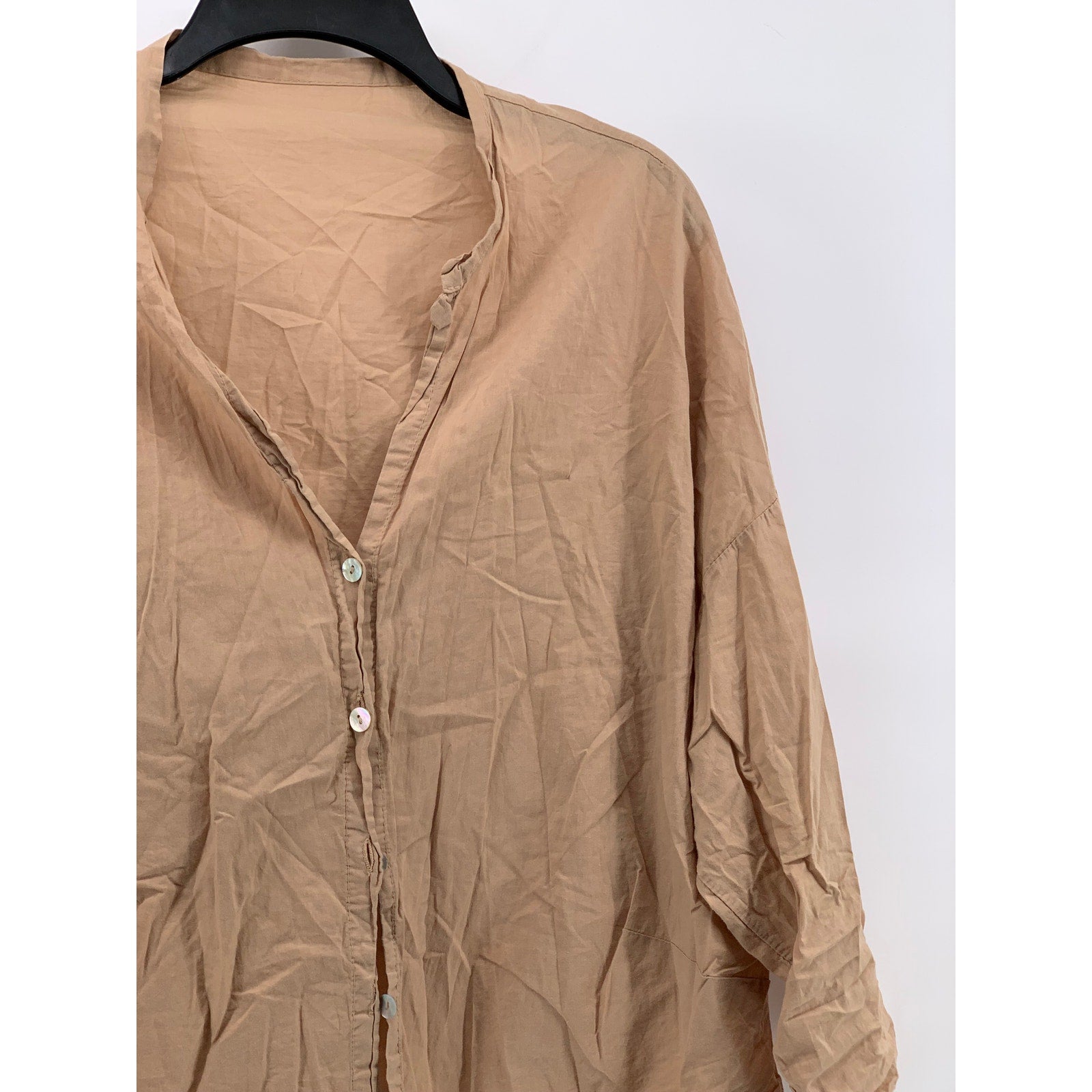 UNBRANDED Women's Tan Button-Up Long Sleeve Collarless Top SZ L