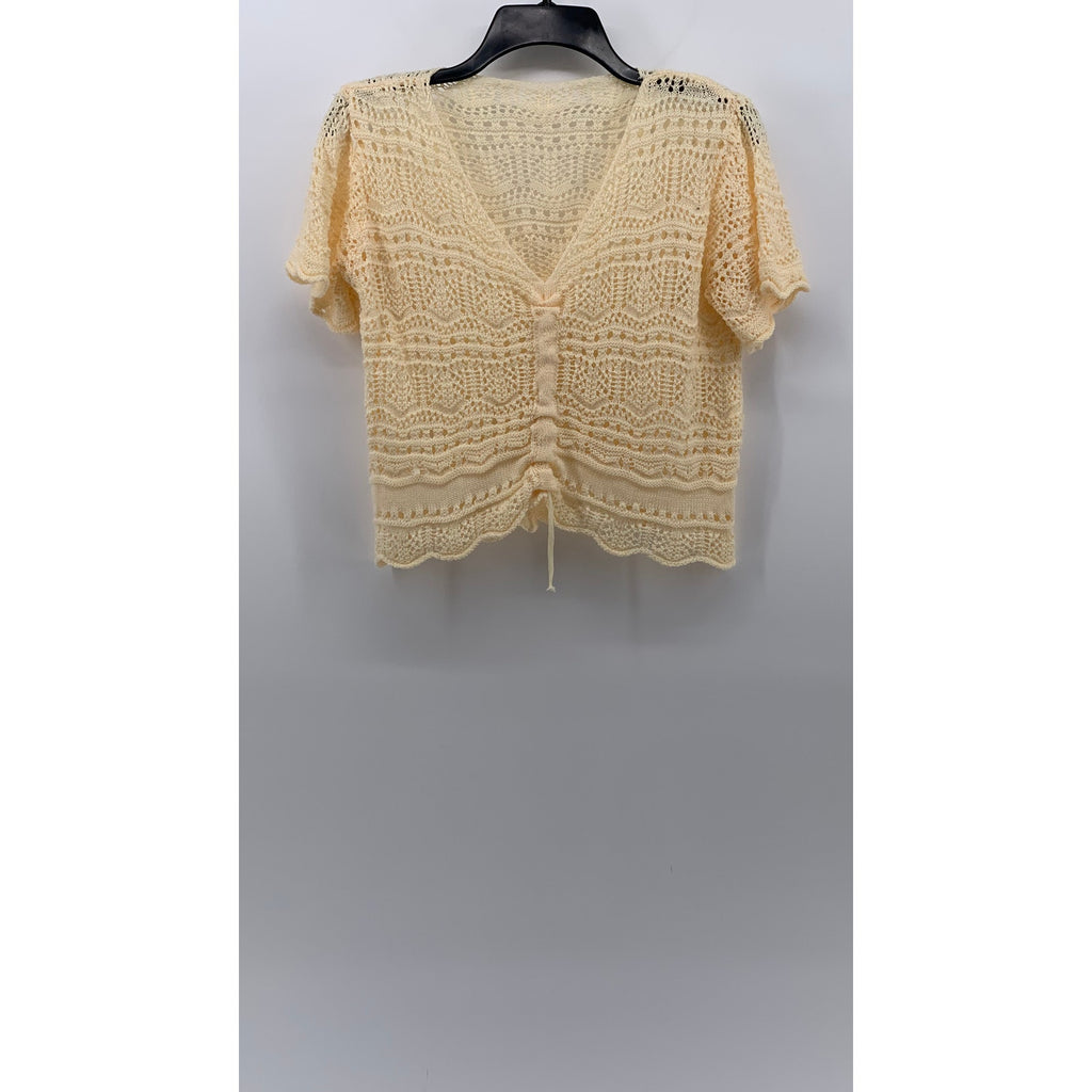 UNBRANDED Women's Cream Crochet Knit V-Neck Short Sleeve Cinch Relaxed Top SZ S