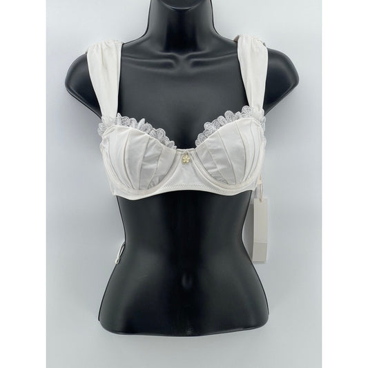 FOR LOVE AND LEMONS Women's White Ruffle Lace-Trim Back Tie Bralette SZ S