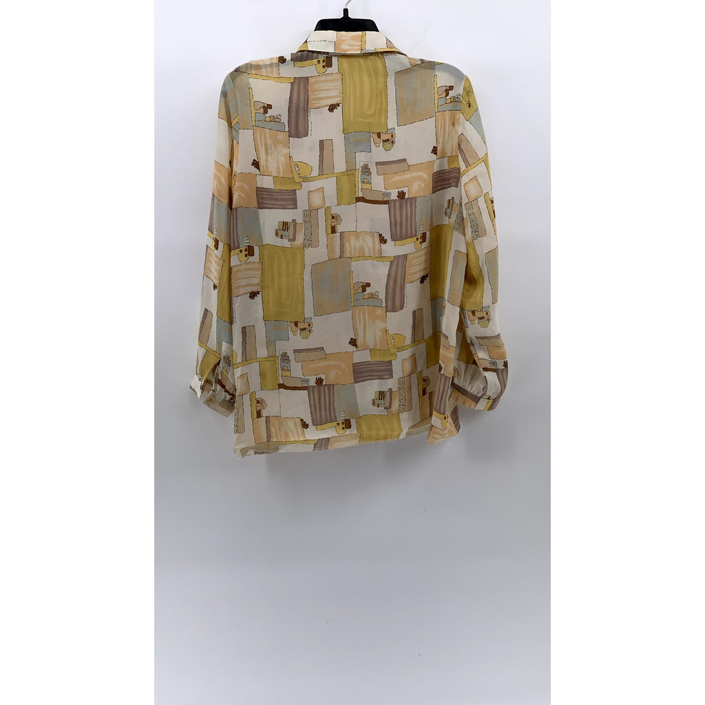 CA MEE Women's Vintage 70's Tan-Beige Square Print Button-Up Long Sleeve Top SZM