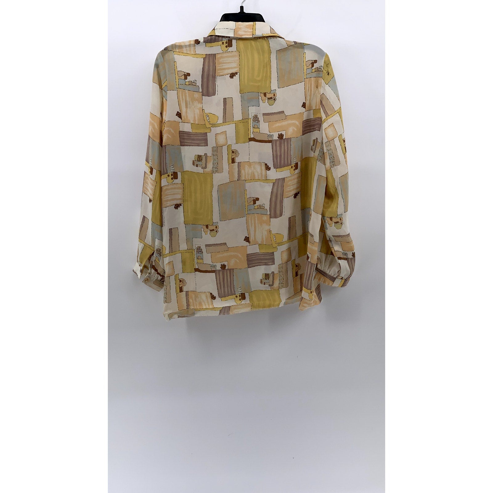 CA MEE Women's Vintage 70's Tan-Beige Square Print Button-Up Long Sleeve Top SZM