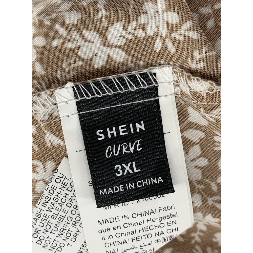 SHEIN Women's Plus Tan Floral Short Sleeve V-Neck Dress SZ 3XL