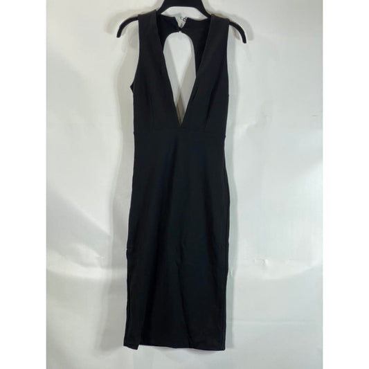 AQ/AQ Women's Black Deep Plunge V Neck Sleeveless Jane Knee Length Dress SZ 0