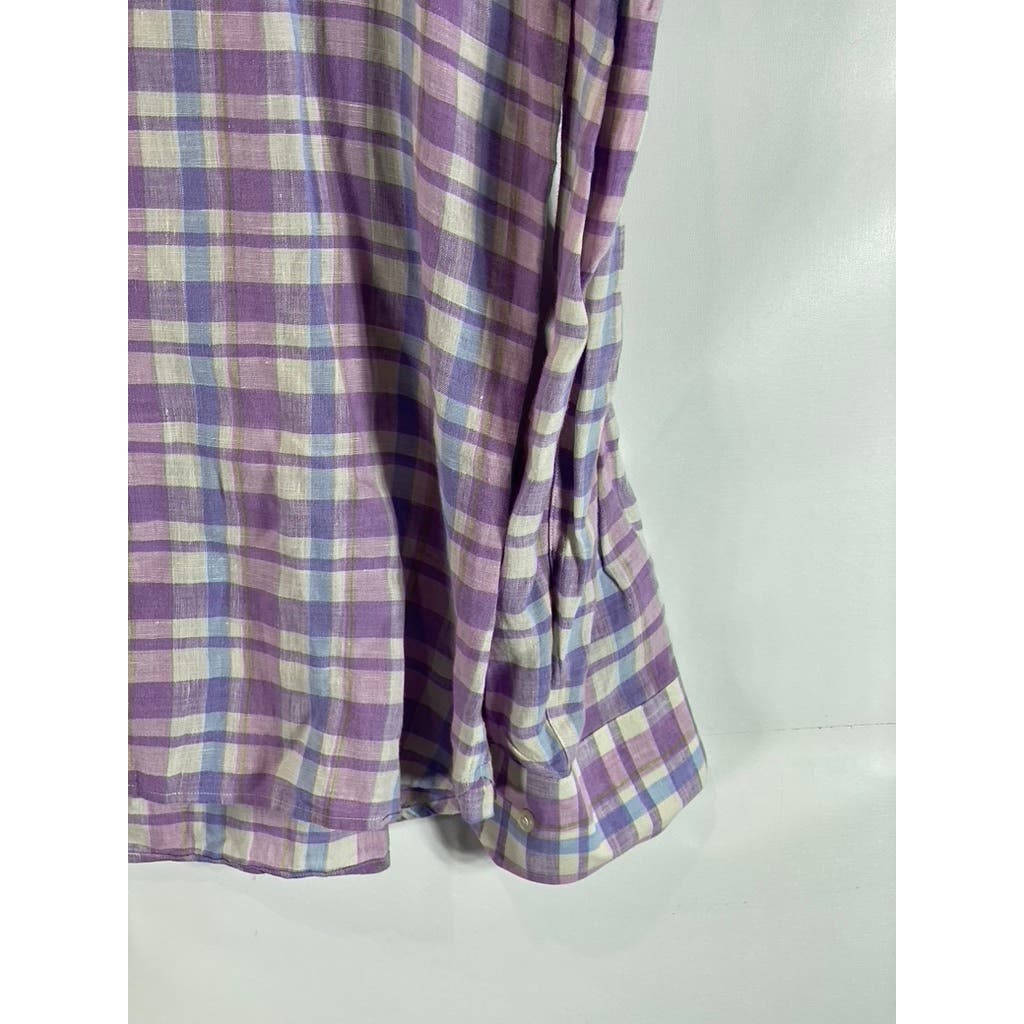 SAKS FIFTH AVENUE Men's Purple/Blue Plaid Linen Button-Up Long Sleeve Shirt SZ M
